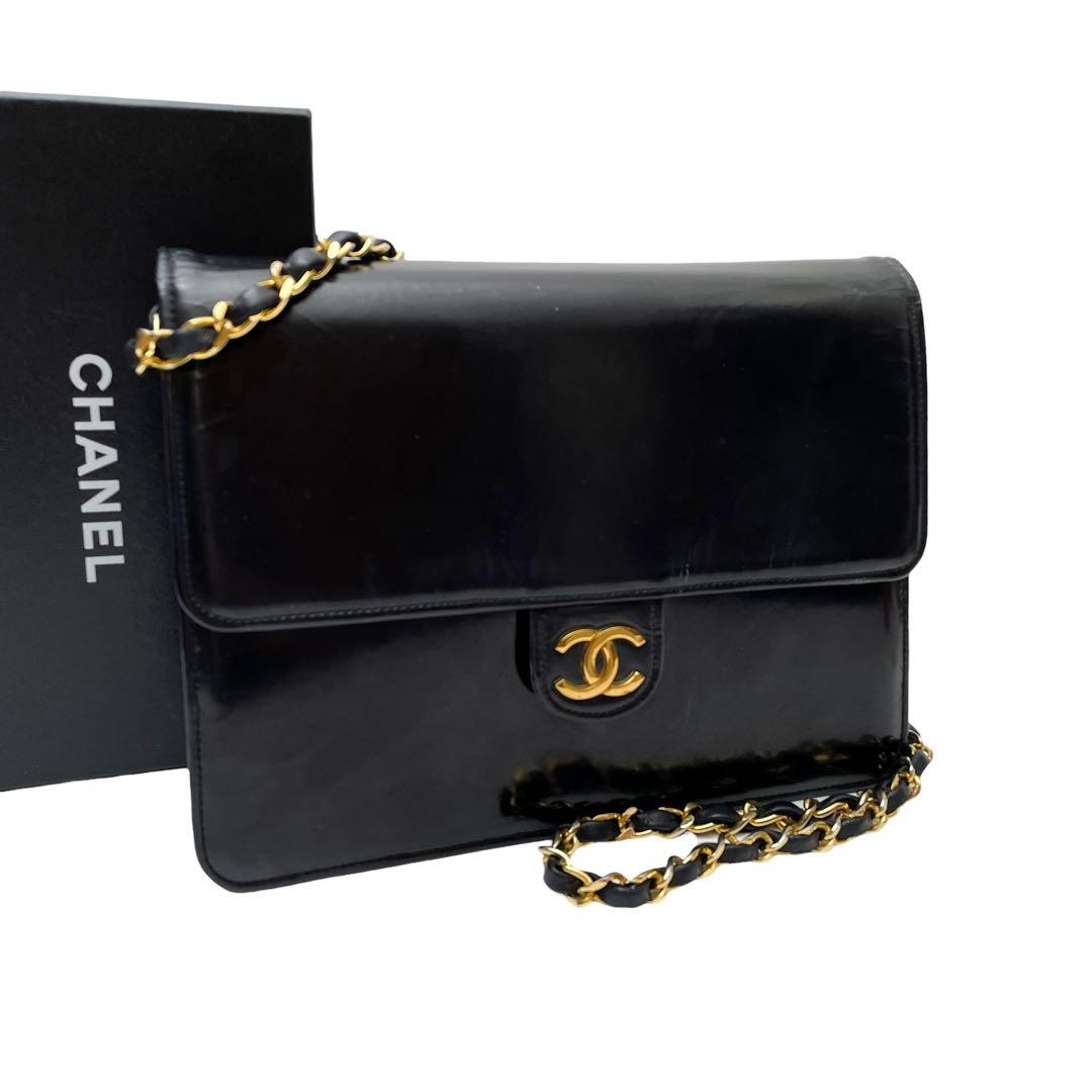 Chanel Enamel Leather Chain Shoulder Bag CC Logo Black