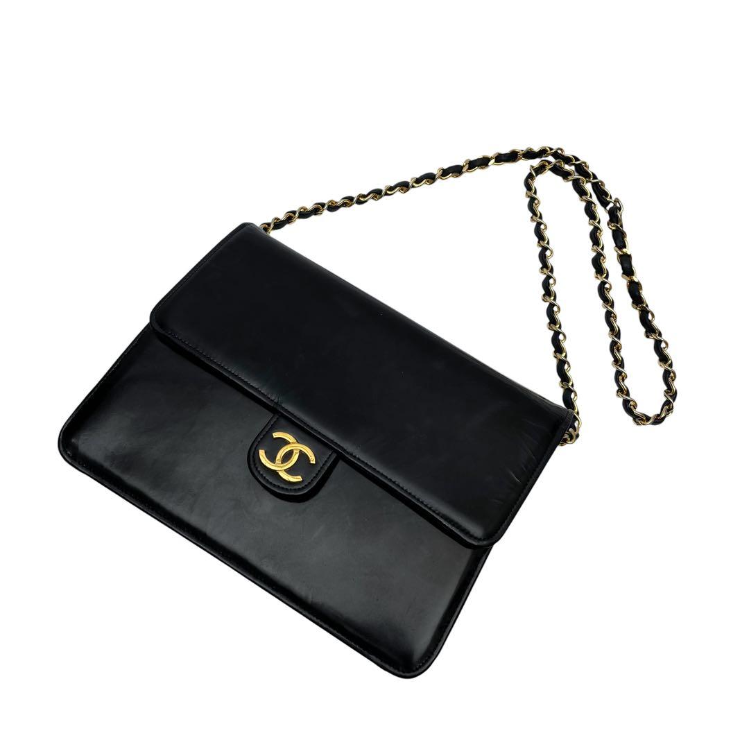 Chanel Enamel Leather Chain Shoulder Bag CC Logo Black — view 3