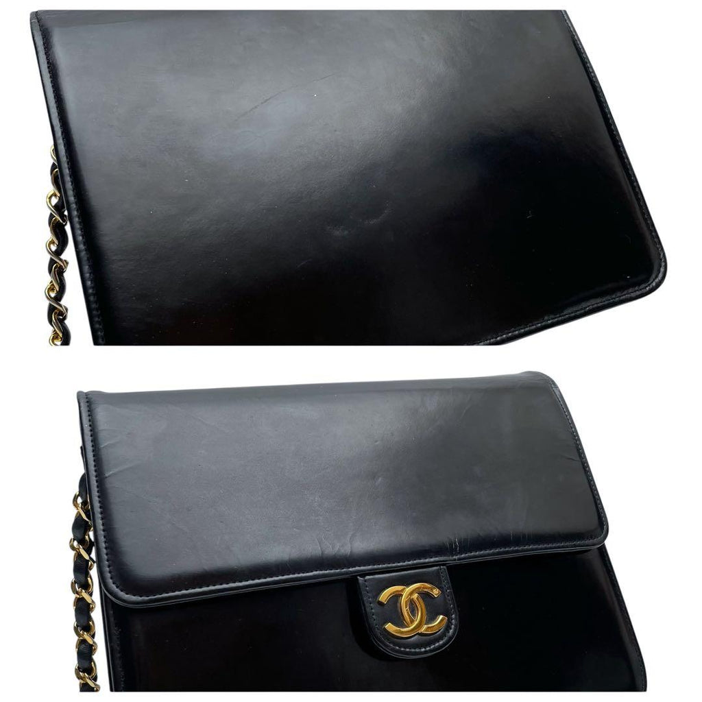 Chanel Enamel Leather Chain Shoulder Bag CC Logo Black — view 8
