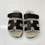 Hermes Chypre Leather Shearling Flat Sandals Black Ivory — view 2