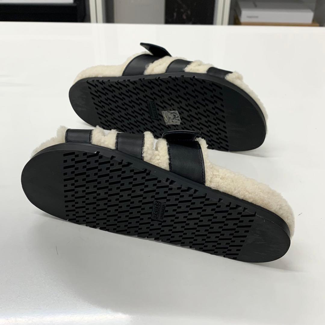 Hermes Chypre Leather Shearling Flat Sandals Black Ivory — view 6