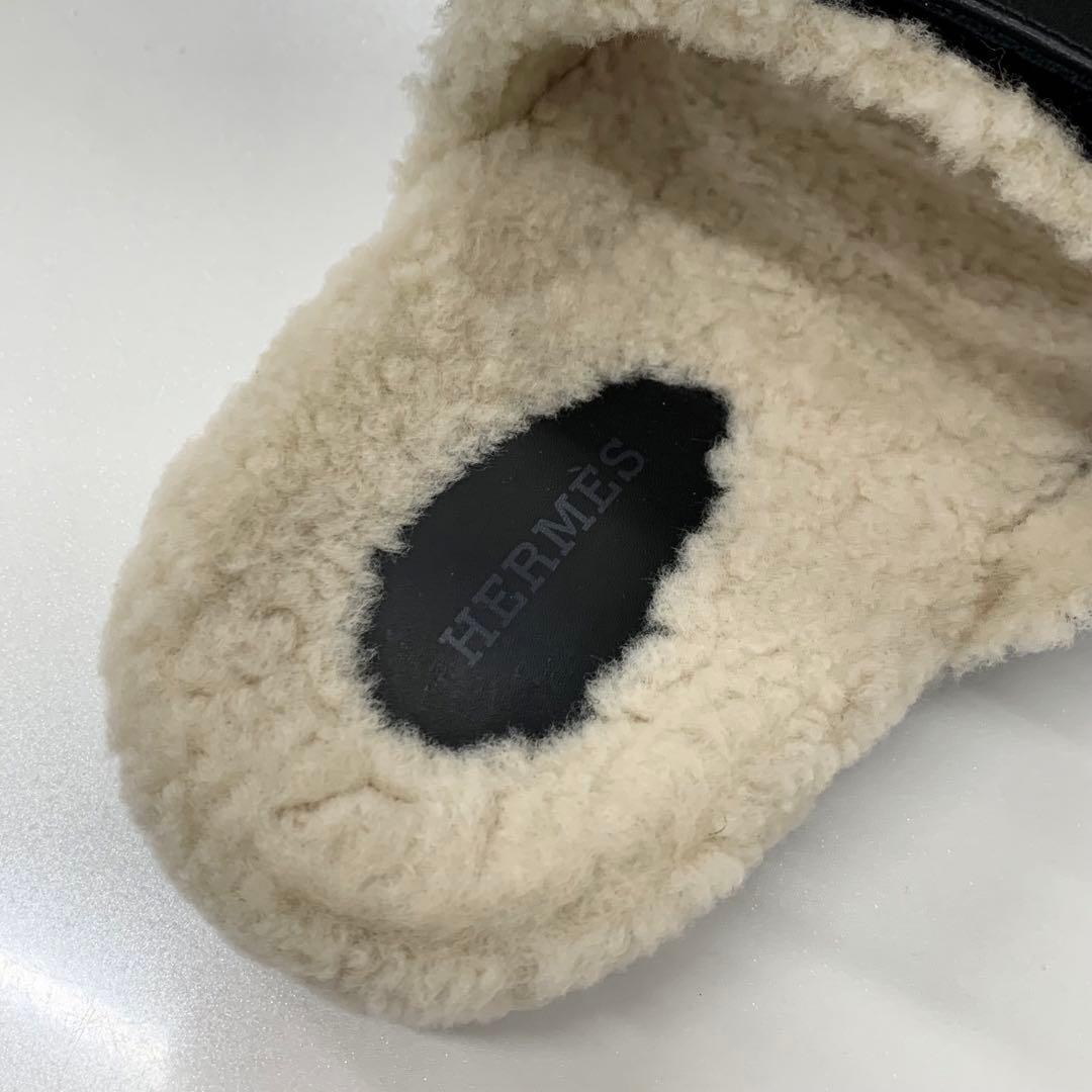 Hermes Chypre Leather Shearling Flat Sandals Black Ivory — view 7
