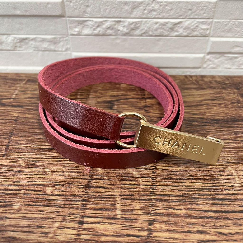 Chanel Leather Gold Buckle Logo Narrow Belt Bordeaux