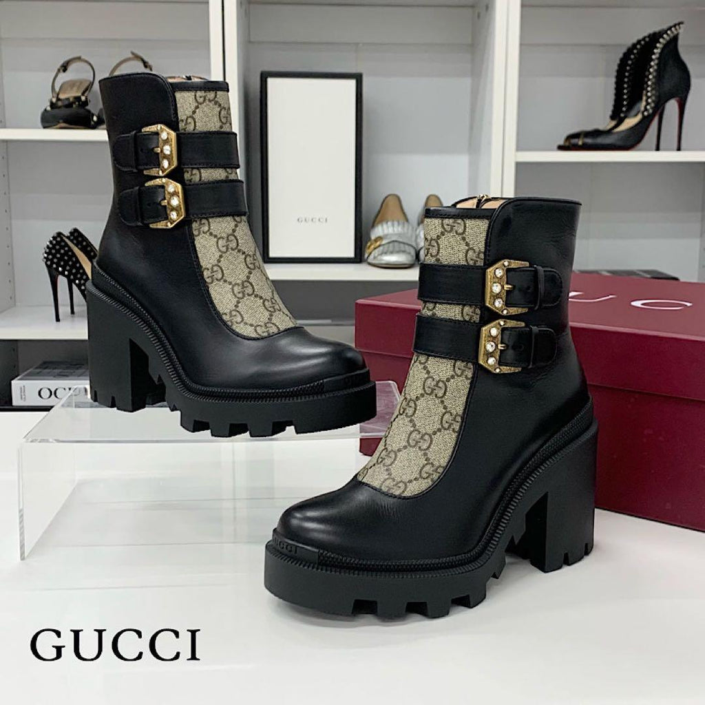Gucci GG Supreme Leather Belt Logo Short Boots Black Brown