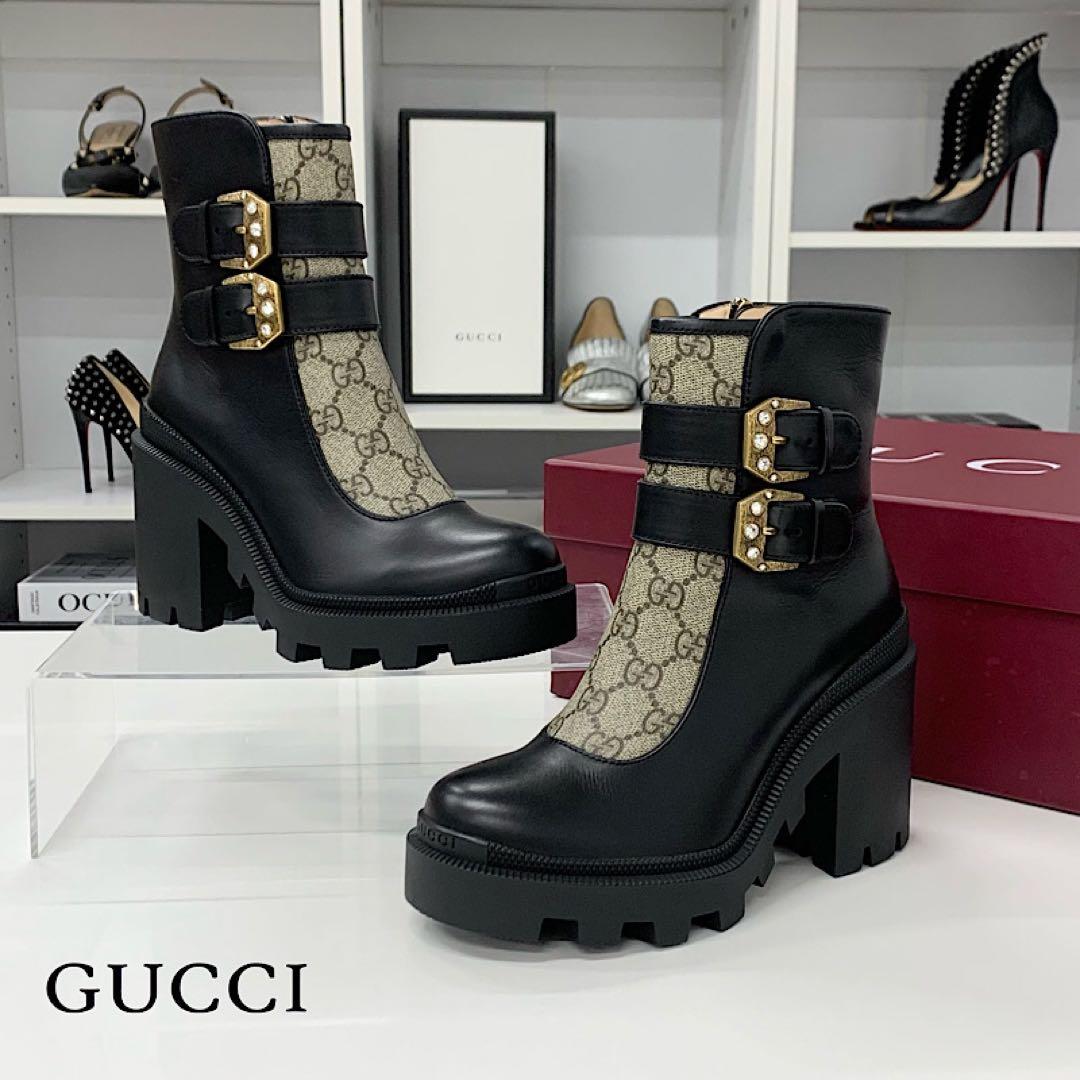 Gucci GG Supreme Leather Belt Logo Short Boots Black Brown