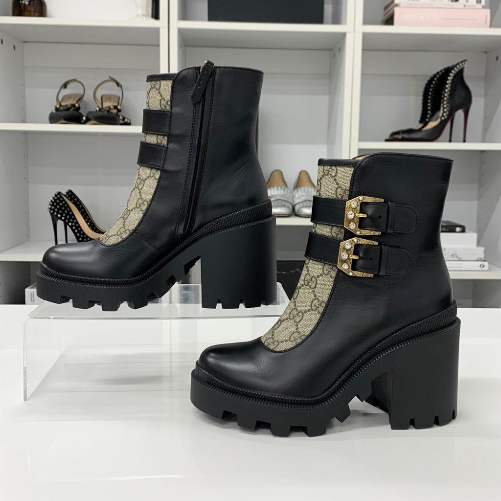 Gucci GG Supreme Leather Belt Logo Short Boots Black Brown — view 2