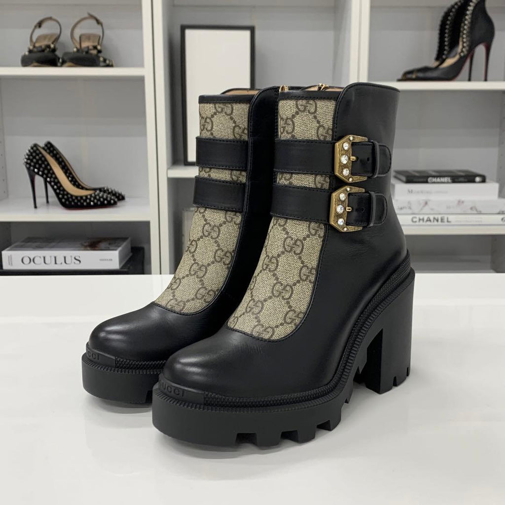 Gucci GG Supreme Leather Belt Logo Short Boots Black Brown — view 3