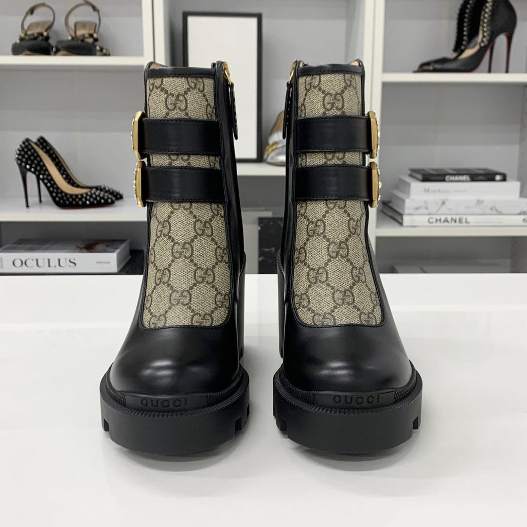 Gucci GG Supreme Leather Belt Logo Short Boots Black Brown — view 4