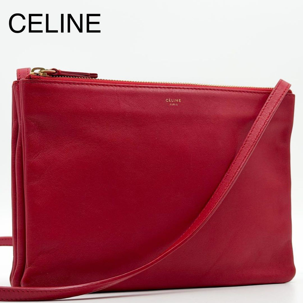 Celine Trio Large Shoulder Bag Red Leather Clutch