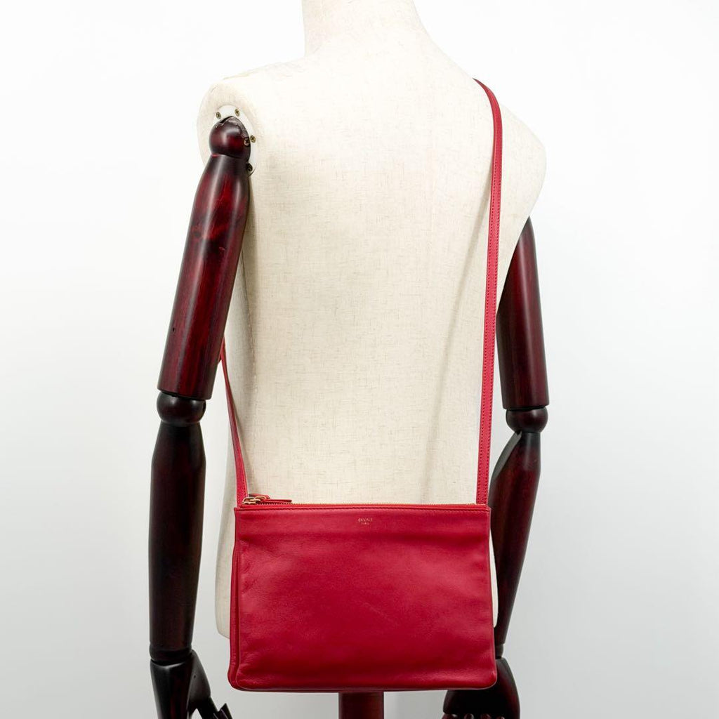Celine Trio Large Shoulder Bag Red Leather Clutch — view 4