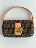 Fendi Baguette Zucca Pattern Flower Crystal Decorative Clasp Shoulder Bag