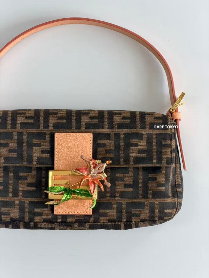 Fendi Baguette Zucca Pattern Flower Crystal Decorative Clasp Shoulder Bag — view 4