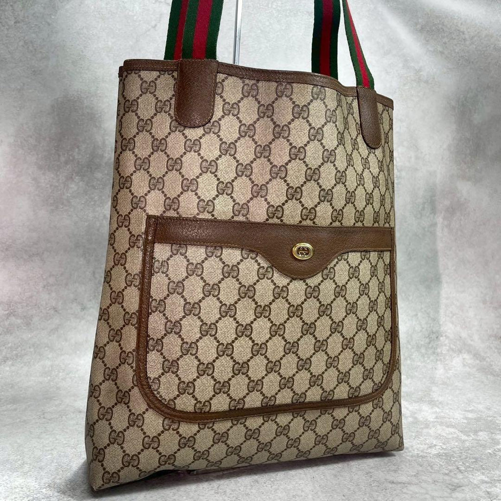 Gucci GG Sherry Line Tote Brown Logo Leather