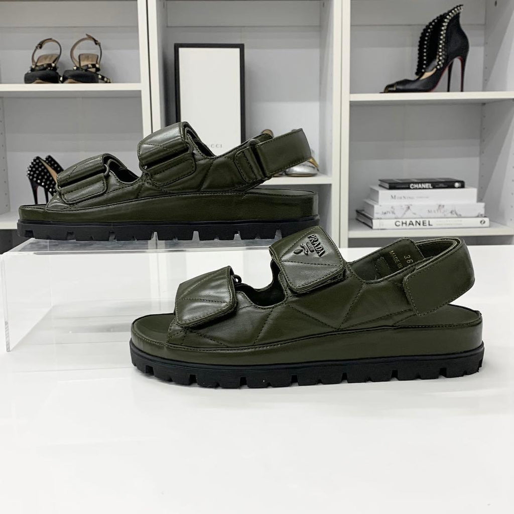 Prada Logo Padded Nappa Leather Velcro Sandals Khaki — view 2