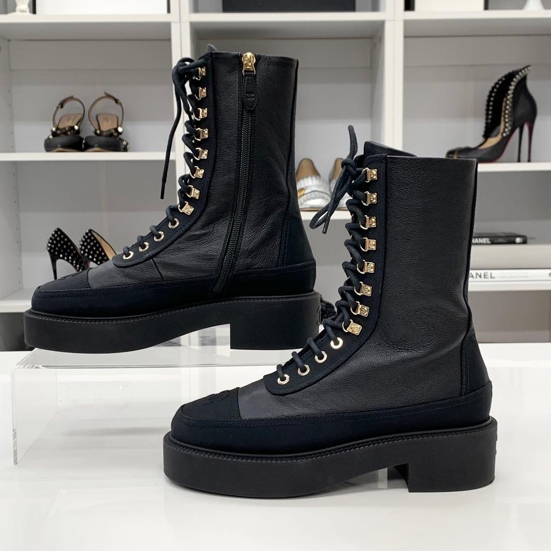 Chanel Calfskin Coco Mark Lace Up Short Boots Black — view 2