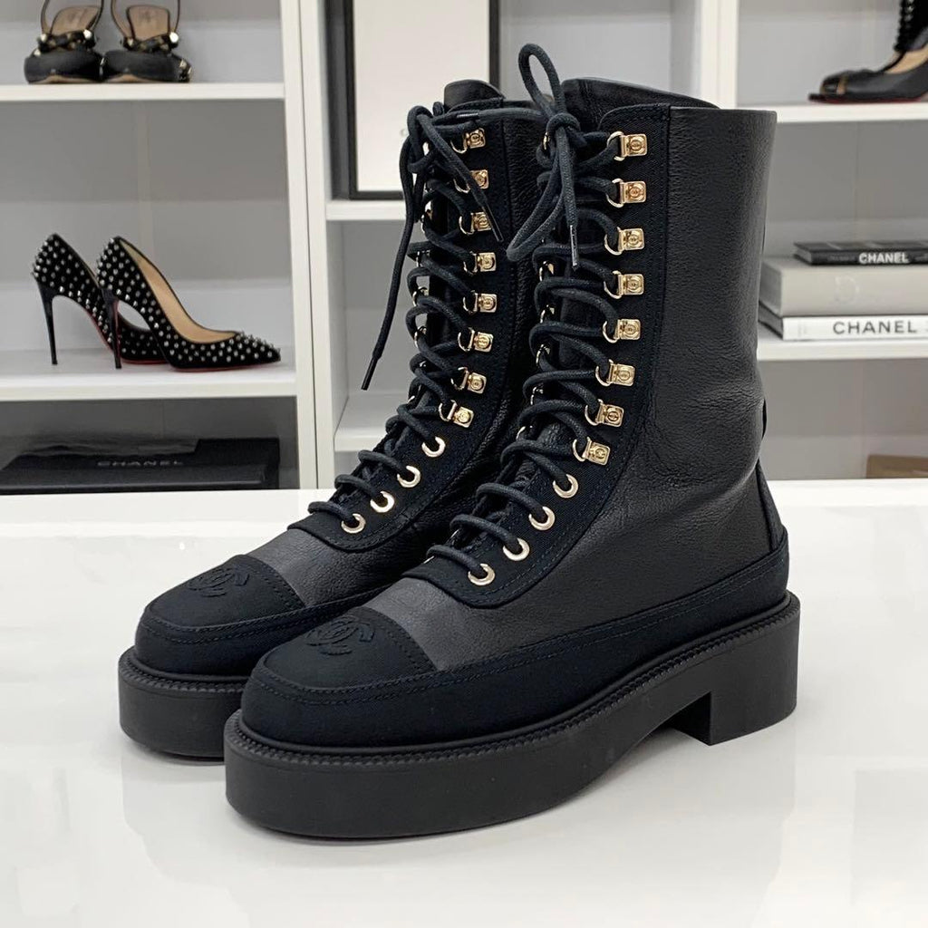 Chanel Calfskin Coco Mark Lace Up Short Boots Black — view 3