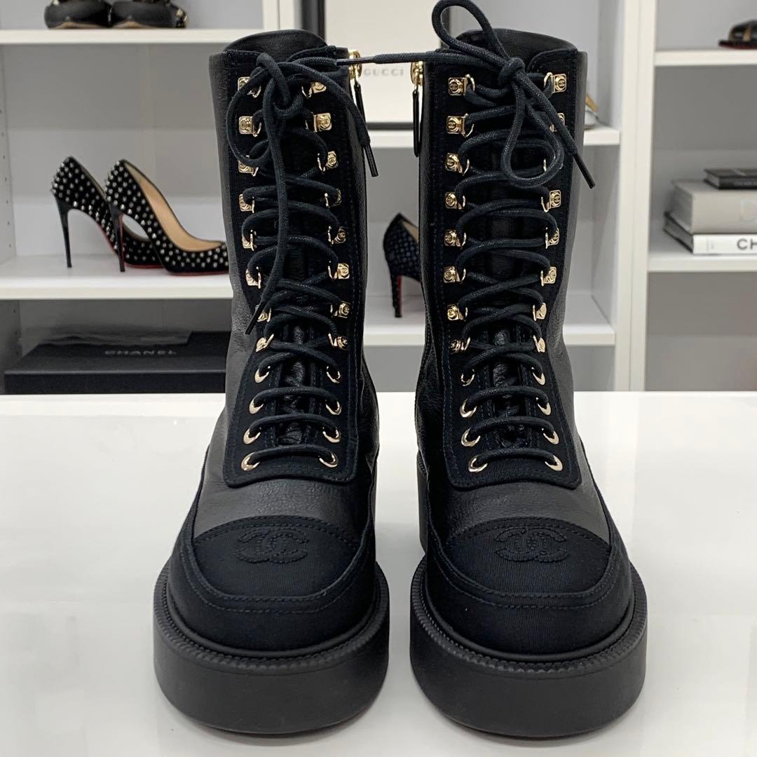 Chanel Calfskin Coco Mark Lace Up Short Boots Black — view 4