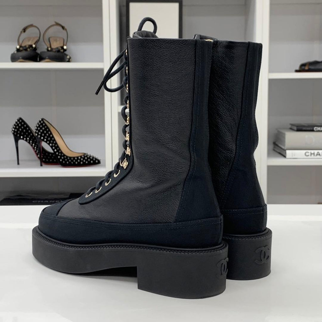 Chanel Calfskin Coco Mark Lace Up Short Boots Black — view 5