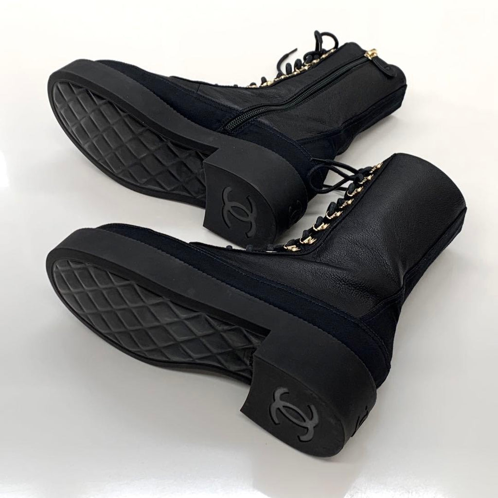 Chanel Calfskin Coco Mark Lace Up Short Boots Black — view 7
