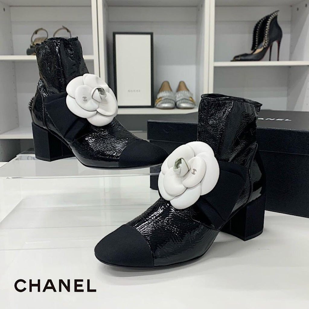 Chanel Camellia Ribbon CC Logo Patent Wrinkled Short Boots