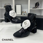 Chanel Camellia Ribbon CC Logo Patent Wrinkled Short Boots