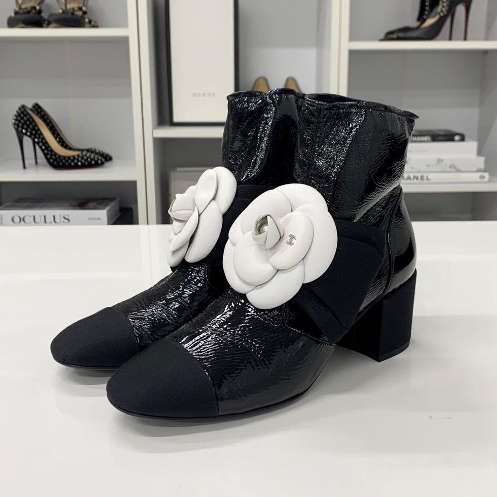 Chanel Camellia Ribbon CC Logo Patent Wrinkled Short Boots — view 3