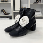 Chanel Camellia Ribbon CC Logo Patent Wrinkled Short Boots — view 3