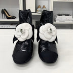 Chanel Camellia Ribbon CC Logo Patent Wrinkled Short Boots — view 4