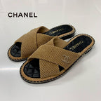 Chanel CC Logo Corduroy Chain Quilted Sandals Brown
