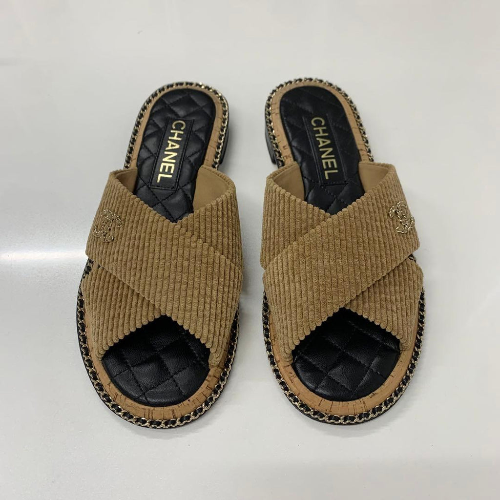 Chanel CC Logo Corduroy Chain Quilted Sandals Brown — view 2