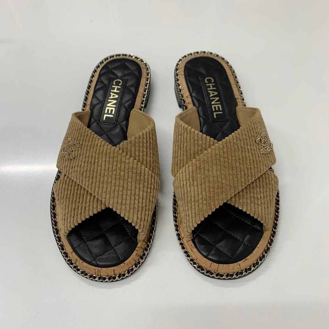 Chanel CC Logo Corduroy Chain Quilted Sandals Brown — view 2