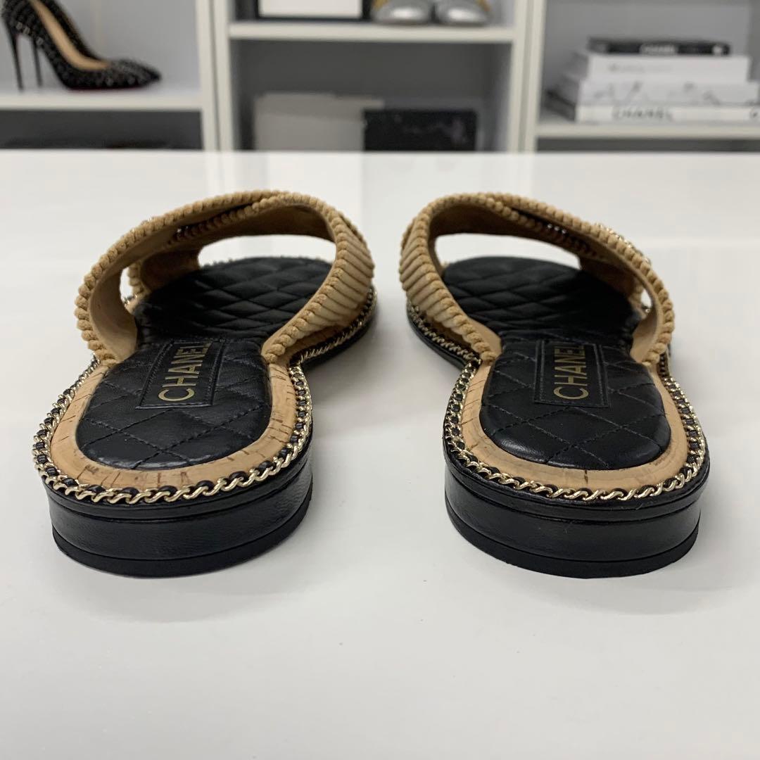 Chanel CC Logo Corduroy Chain Quilted Sandals Brown — view 5