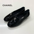Chanel CC Logo Patent Pearl Opera Shoes Loafers Black