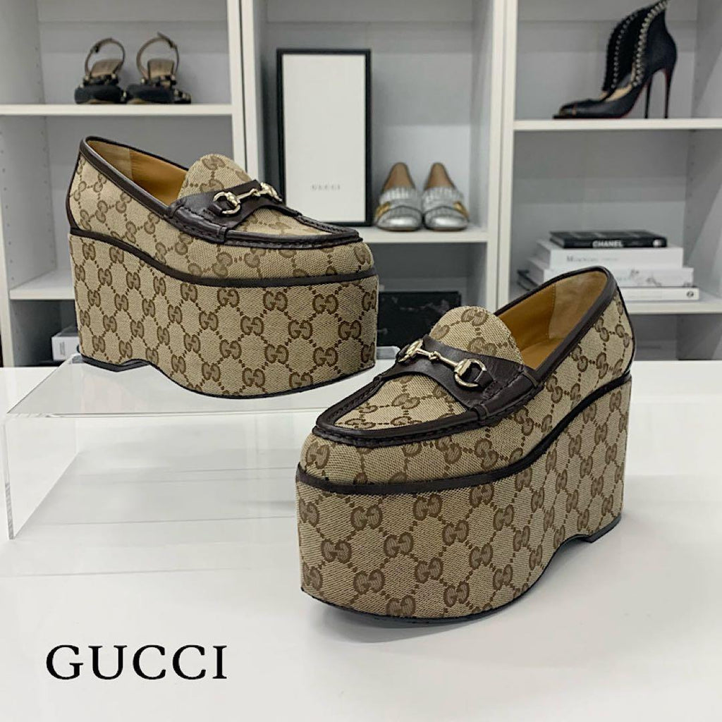 Gucci GG Canvas Leather Horsebit Platform Loafers