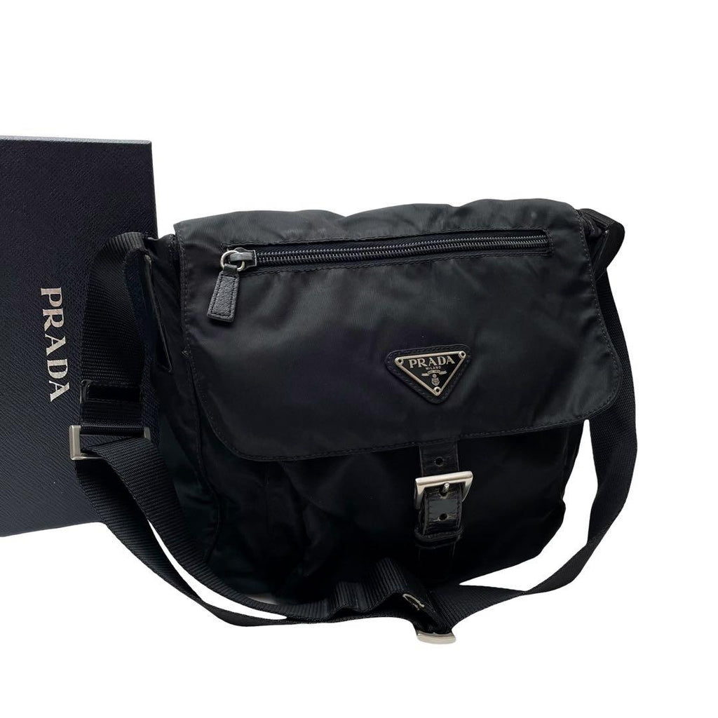 Prada Nylon Leather Shoulder Bag Triangle Plate Logo Black