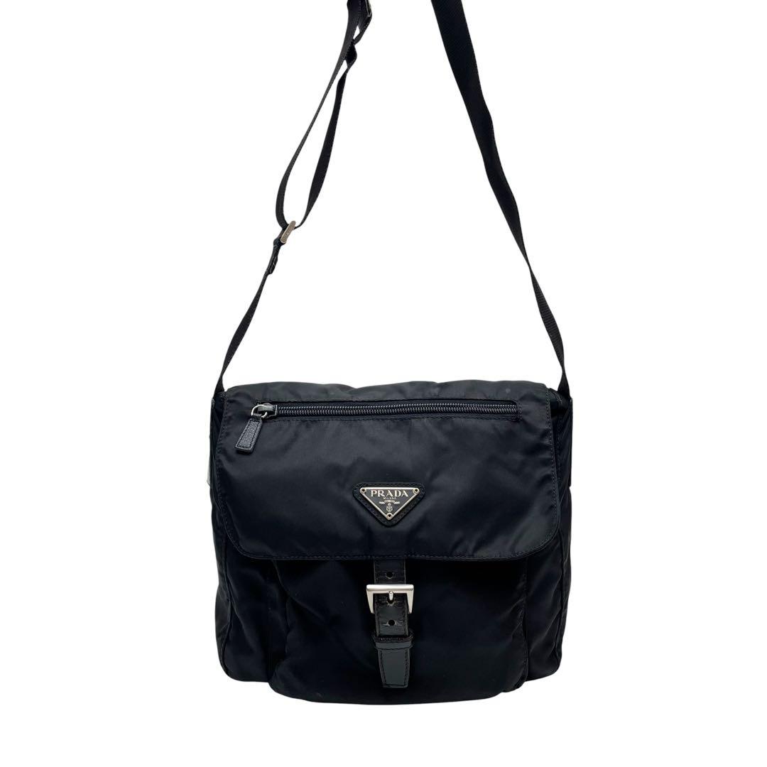 Prada Nylon Leather Shoulder Bag Triangle Plate Logo Black — view 3