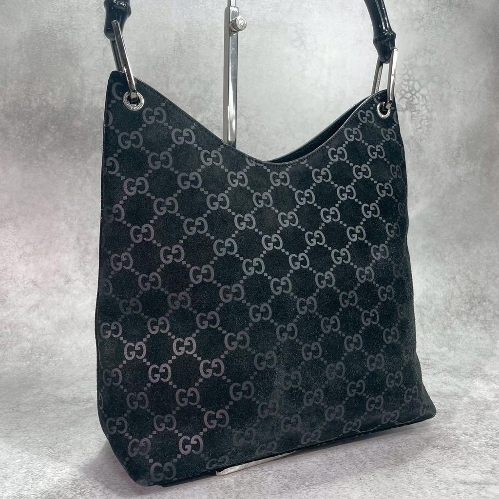Gucci GG Handbag Bamboo Suede Black Leather Logo