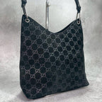 Gucci GG Handbag Bamboo Suede Black Leather Logo