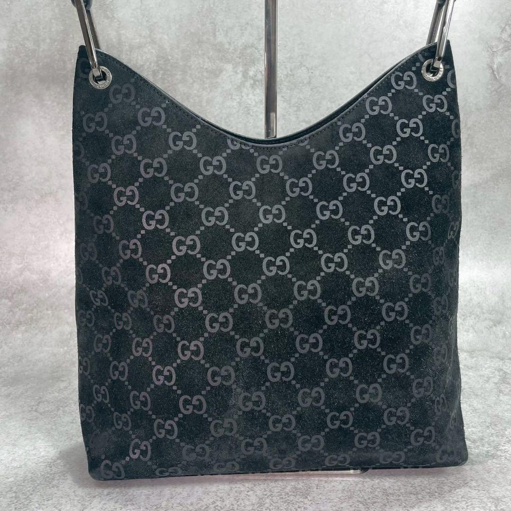 Gucci GG Handbag Bamboo Suede Black Leather Logo — view 2