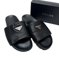 Prada Nappa Leather Triangle Plate Logo Sandals Black