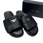 Prada Nappa Leather Triangle Plate Logo Sandals Black