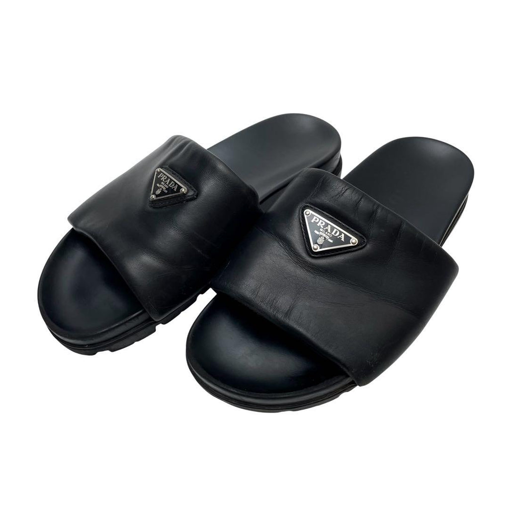 Prada Nappa Leather Triangle Plate Logo Sandals Black — view 2