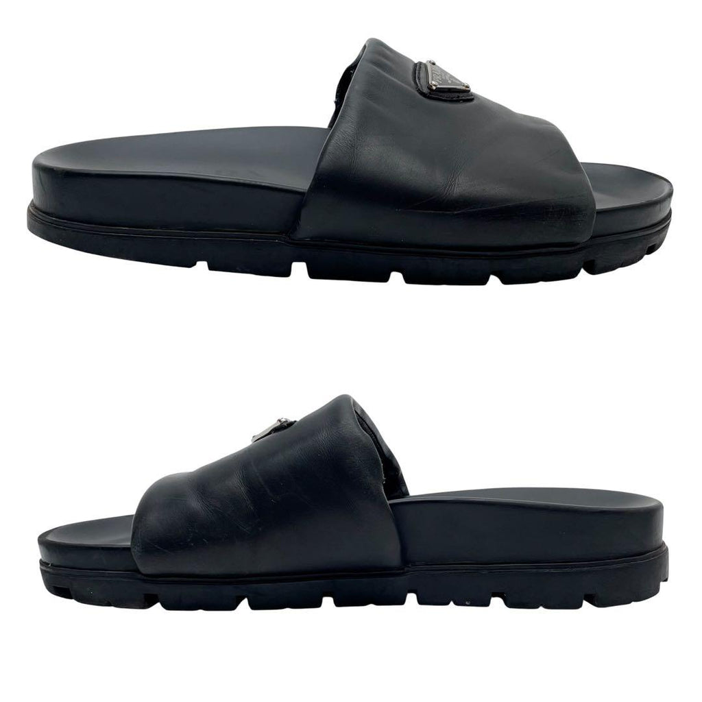 Prada Nappa Leather Triangle Plate Logo Sandals Black — view 5