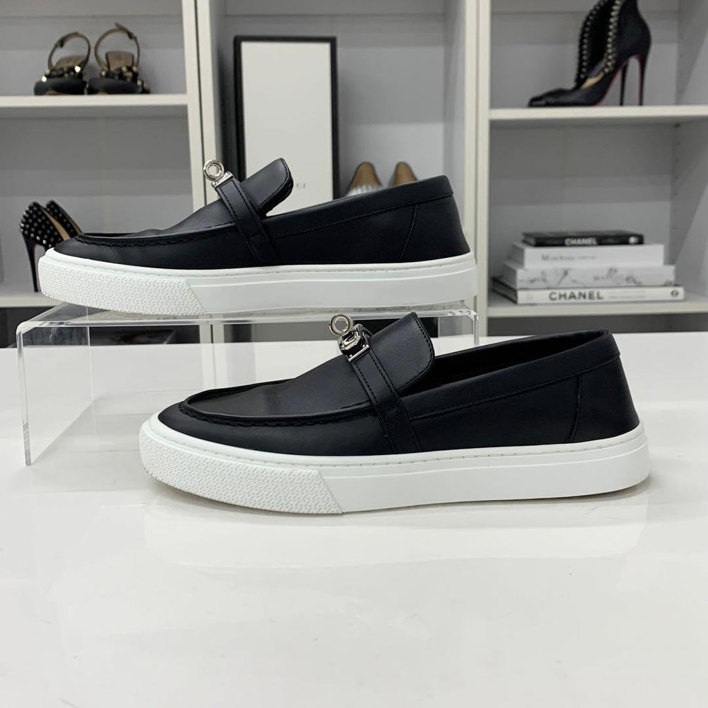 Hermes Game Leather Kelly Slip Ons Black Heel — view 3