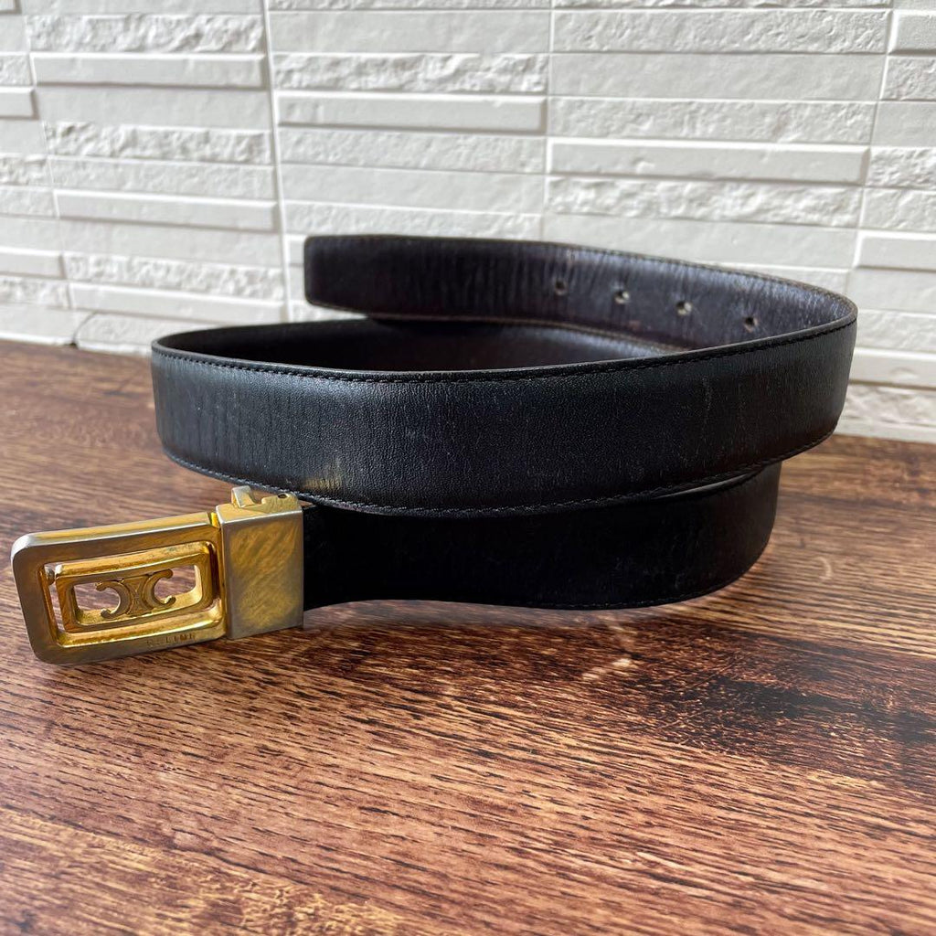 Celine Leather Triomphe Buckle Gold Belt Black Brown — view 3
