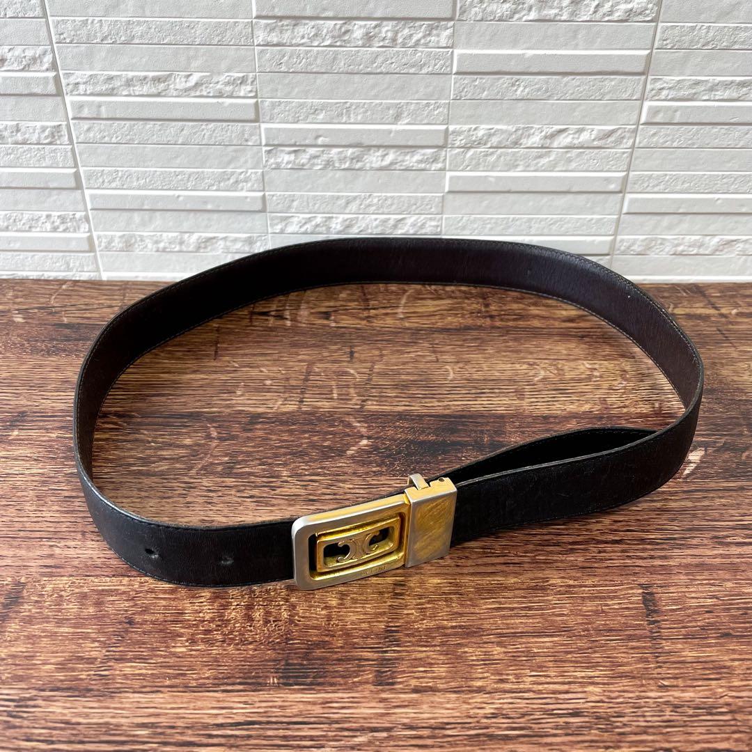 Celine Leather Triomphe Buckle Gold Belt Black Brown — view 8