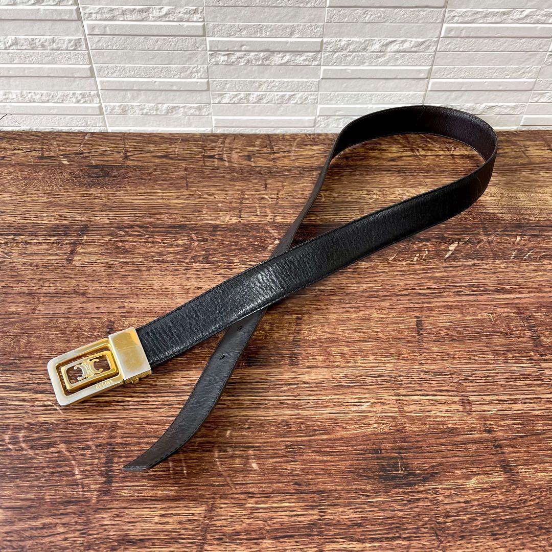 Celine Leather Triomphe Buckle Gold Belt Black Brown — view 9