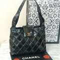 Chanel Quilted Enamel Tote Shoulder Bag Black