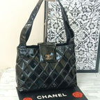 Chanel Quilted Enamel Tote Shoulder Bag Black