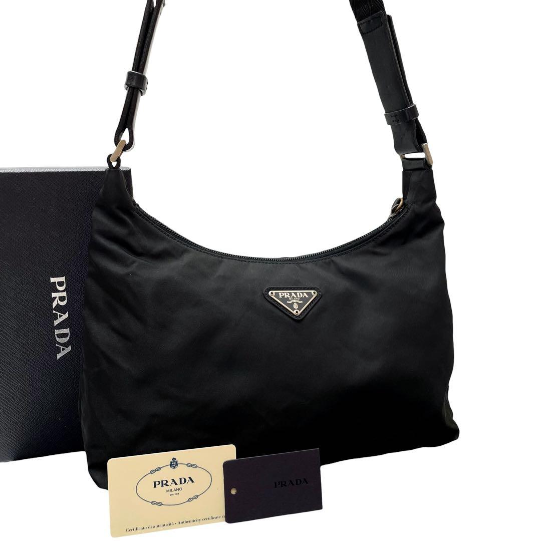 Prada Nylon x leather Shoulder Bag Triangle Plate Logo Black